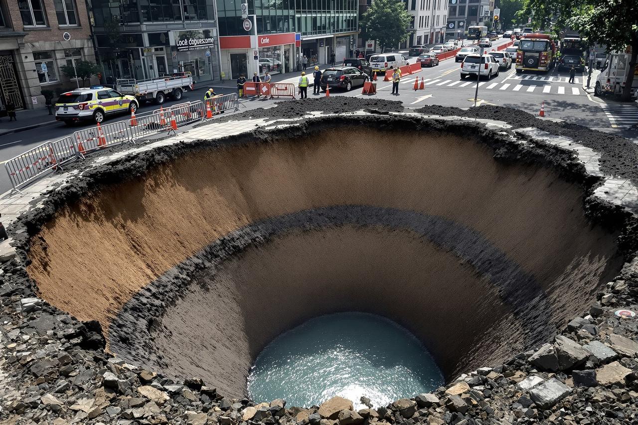 网爆吃瓜 - 地铁施工路面塌陷现场全景图集